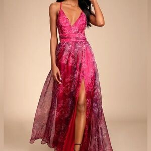 Lulus Romance That Wows Magenta Floral Print Organza Maxi Dress